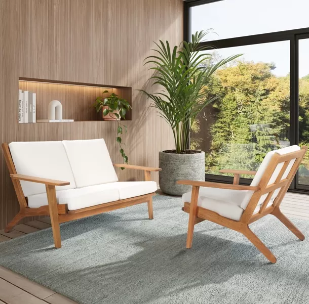 Sofá Área Externa Lotus 2 Lugares Estofado - Madeira Eucalipto, Acabamento Stain Jatobá - Espaço Casa e Jardim - Sofá para Varandas e Áreas Gourmet